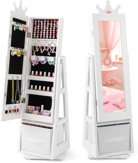 Armoire à Bijoux Enfant Avec Miroir Et Base Pivotante, Organisateur à Bijoux En Motif Couronne Blanc