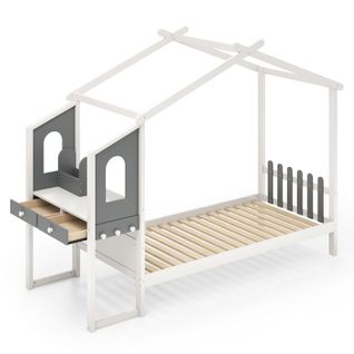 Lit Cabane Enfant 90 X 200 Cm Avec Grand Bureau, Lit Maison Double En Bois, Blanc Et Gris