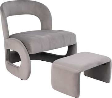 Fauteuil Avec Pouf, Ensemble De Fauteuil En Velours Rembourré Et Pouf Avec Dossier Courbé Ouvert
