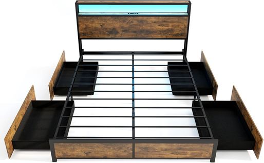 Cadre De Lit Double 160x200cm Avec Sommier, Lit Avec Éclairage LED Et Prise De Courant, USB