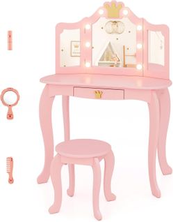 Coiffeuse Enfant Fille Avec Lumière LED à 3 Couleurs Et Miroir à Trois Volets, Charge 50/50kg
