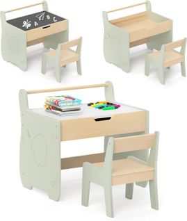 3 En 1 Table Enfant Avec Chaise En Forme D'eléphant, Table Et Chaise En Bois Charge 30/50 Kg