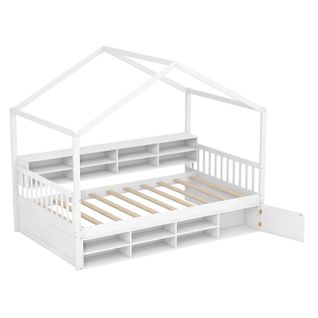 Lit Cabane Enfant 90x200 Cm, Lit D'enfants En Bois Avec 14 Cubes De Rangement Et Armoire, Blanc