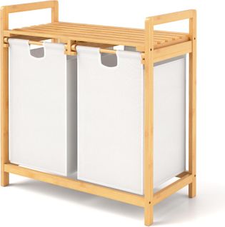 Meuble Panier à Linge En Bambou, Panier à Linge Avec Étagère, 2 Sacs Amovibles, 64 X 33 X 73cm Beige