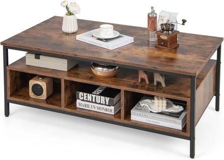 Table Basse, Table De Salon Industrielle Avec 6 Compartiments, Meuble TV Bois, 110 X 60 X 45 Cm