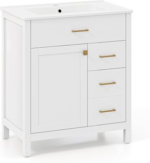 Meuble De Salle De Bain Avec Lavabo, 2 Tiroirs Latéraux Et Placard, 76 X 46,5 X 86 Cm, Blanc