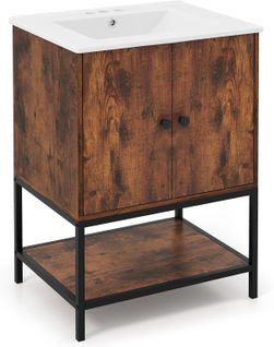 Meuble De Salle De Bain Avec Lavabo, Meuble De Rangement Avec Lavabo En Céramique, Marron Rustique