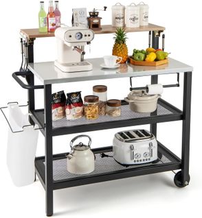 Desserte Extérieure à Roulettes Avec Table Rabattable, Chariot Service De Cuisine à 3 Étagères