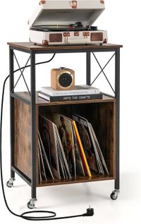 Table D'appoint Avec Prise, Bout De Canape à Roulette, Meuble Tourne-disque Vinyle, 2 Prises, 1 USB