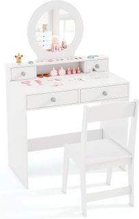 Coiffeuse Enfant Fille Avec Tabouret Et Miroir, Table De Maquillage Enfant Princesse, Charge 50/75kg