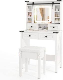 Coiffeuse Avec Tabouret,Miroir HD Coulissant Avec LED à Luminosité Réglable,79 x 40 x 138 cm,Blanc