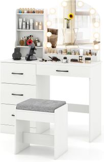 Coiffeuse Avec Tabouret Et Grand Miroir LED à Luminosité Réglable 3 Couleurs, Blanc