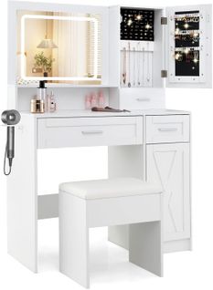 Coiffeuse Avec Miroir Et Tabouret, Coiffeuse Avec Rangement, 3 Couleurs, Luminosité Réglable, Blanc