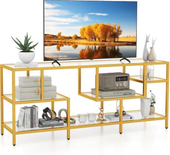 Meuble TV Verre, Meuble Télé Pour 65 Pouces, Table Console Avec 4 Etagères, Grand Plateau, Doré