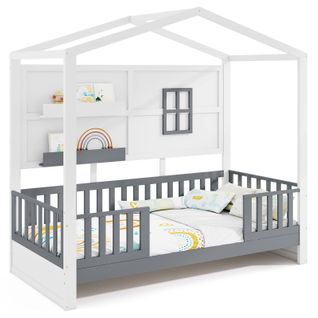 Lit Cabane Enfant 90 X 200 Cm, Lit D'enfants Avec Fenêtre 2 Etagères Et Garde-corps, Blanc Et Gris