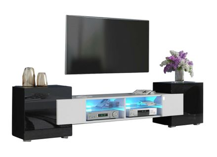 Meuble TV Pablo 230 Cm Avec LED Blanc Mat Et Noir Laqué