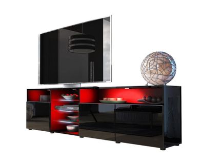 Meuble TV Massimo 200 Cm Noir Mat Et Portes Noir Laquées LED Rgb