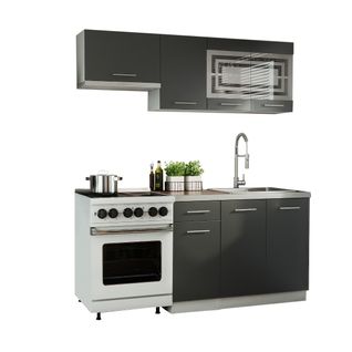 Cuisine Giovanna 5 Éléments - Graphite Mat 1m80 - Portes Vitrées à Motif