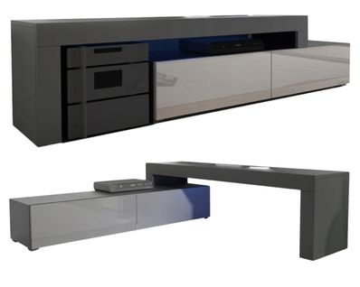 Meuble TV Flex 148 - 280 Cm LED Noir Mat Gris Laque Modulable / Extensible / Angle