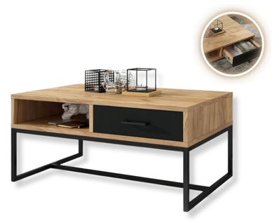 Table Basse Mix Avec Niche Et Tiroir En Noir Et Bois 90 Cm X 60 Cm Style Loft