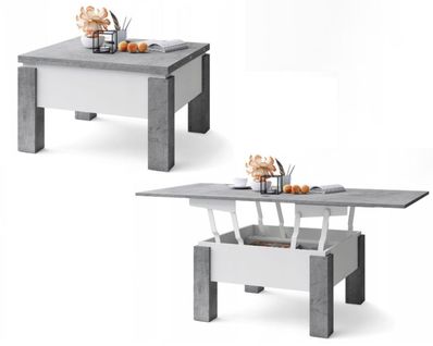 Table Basse Goose Relevable Et Extensible De 80 Cm à 160 Cm En Beton Et Blanc