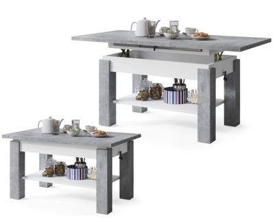 Table Basse Sierra Relevable Et Extensible De 100 Cm à 150 Cm En Blanc Beton