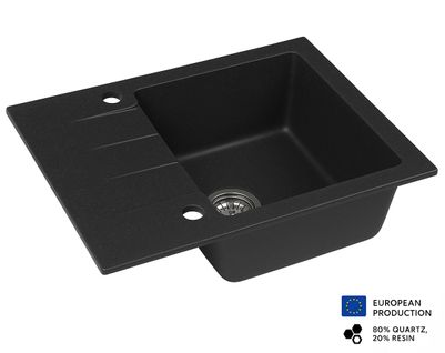 Evier Rectangulaire Rive Noir En Granit Premium - 1 Bac Avec Égouttoir Et Vidage Inclus