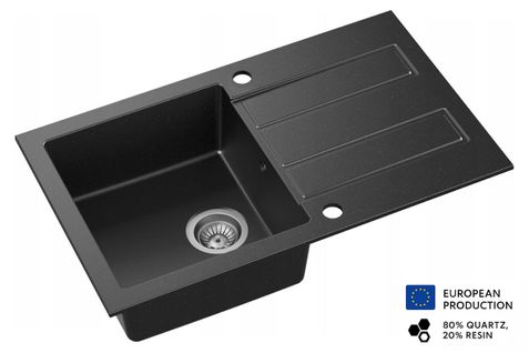 Evier Rectangulaire Coste Noir En Granit Premium - 1 Bac Avec Égouttoir Et Vidage Inclus