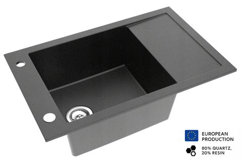 Grand Évier Acart Noir En Granit Premium - 1 Bac Avec Égouttoir Et Vidage Inclus