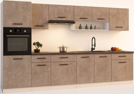 Cuisine Complète Viki Béton Gris 300 Cm Avec Colonne Four 9 Éléments 18 Mm