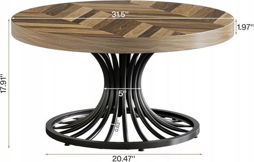 Table Basse Ronde En Bois, Table Basse Circulaire De 80 Cm Avec Piédestal En Métal