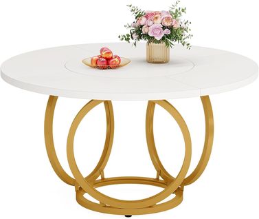 Table à Manger Ronde Pour 4 Pour Cuisine, Salle à Manger Ou Café (118 * 118 Cm, Blanc Et Or)