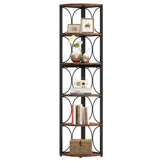 Bibliothèque D'angle De Rangement Pour Salon, Étagère D'angle Rustique à 6 Niveaux