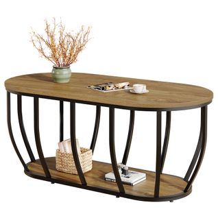 Table Basse Ovale Industrielle Avec Rangement à 2 Niveaux, Table Basse Moderne