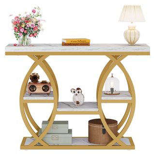 Table D'entrée à 4 Niveaux Avec Étagères De Rangement, Table D'appoint Étroite Blanche Et Dorée