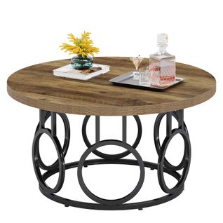 Table Basse Ronde De 80 Cm, Table Basse Circulaire Avec Base En Métal, Meuble D'appoint Industriel