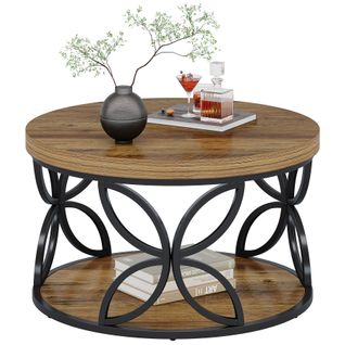 Table Basse Ronde Avec Rangement, Table Centrale Circulaire à 2 Niveaux, Marron Rustique, 80 Cm
