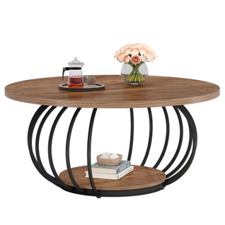 Table Basse Ronde De Salon, Table Basse Industrielle En Bois à 2 Niveaux, 100 Cm