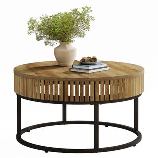 Table Basse Ronde De 80 Cm, Table Basse Ronde De Style Campagnard Pour Salon, Marron Clair
