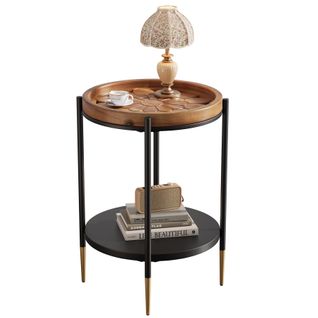 Table D'appoint Ronde, Table De Chevet à 2 Niveaux En Bois Massif Et Métal