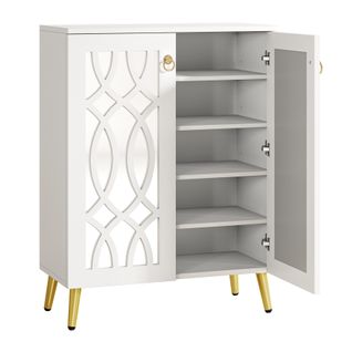 Meuble à Chaussures Miroir, Meuble De Rangement à Chaussures Moderne Blanc à 5 Niveaux Avec Portes