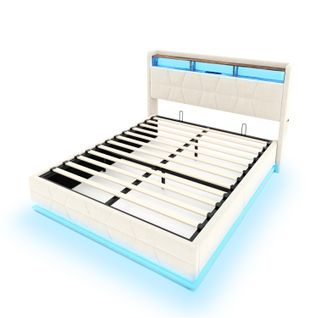 Lit Double Lit Coffre 140x190cm LED-usb Rangement Tête Lit Velours Relevage Hydraulique Beige