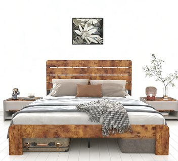 Lit Double 160x200 Cm Cadre De Lit Fer Tête De Lit Haute Style Industriel Rangement Sous Lit Marron