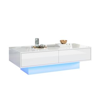 Table Basse Salon LED 2 Tiroirs 110x55x34cm Table D'appoint Canapé Moderne Blanc Brillant