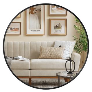Miroir Rond, Miroir Mural, Diamètre 50 Cm, Cadre En Métal, Facile à Installer, Noir D'encre