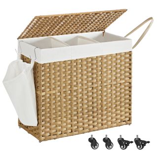 Panier à Linge avec Couvercle et Roulettes, 160 L, Sac Intérieur Amovible, 76 x 33 x 66 cm, Naturel
