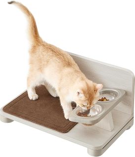 Gamelle Double Incliné Surélevé Pour Chat, Étagère Murale, Marron Avoine Et Marron Café