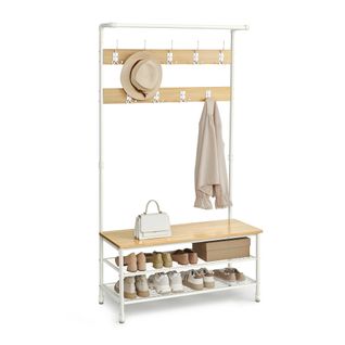 Porte-manteau, Grand Meuble D’entrée Avec Banc, 41,5 X 100 X 182 Cm, Couleur Chêne Et Blanc