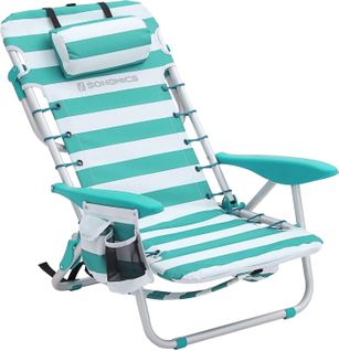 Chaise De Plage Portable Avec Appui-tête, Avec Porte-gobelet Et Poche, Accoudoirs, Charge 150 Kg