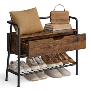 Banc à Chaussures, Meuble D'entrée, Avec Tiroir De Rangement, Marron Rustique Et Noir D'encre